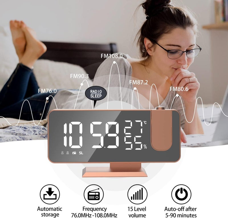 Mightree Projection Alarm Clock for Bedroom, Digital Alarm Clock with USB Charger, 7.4" Large LED Mirror Display Radio Alarm Clock, Dual Smart Alarm with Projection on Ceiling, Rose Gold - Image 3